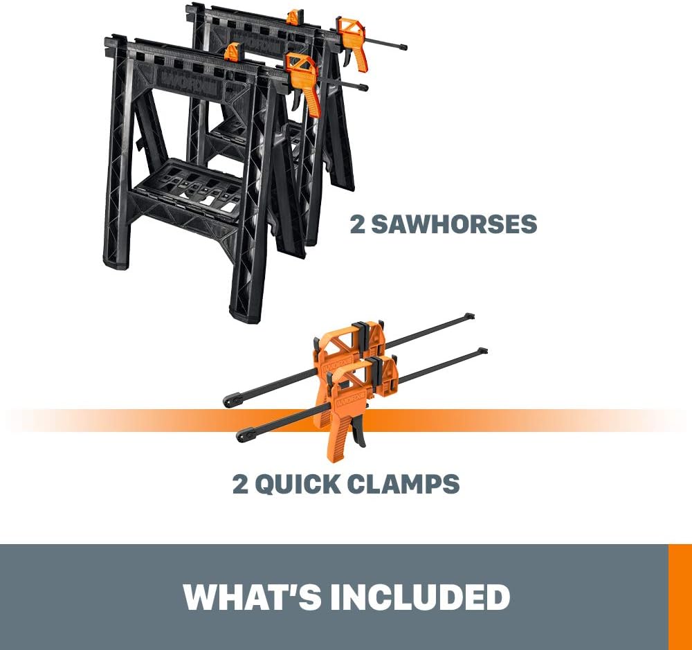 WORX Clamping Sawhorse Pair with Bar Clamps, Built-in Shelf and Cord Hooks – WX065 - - 