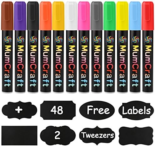 Chalk Markers 12 Pack Liquid Chalk Markers with Free 48 Pcs Multi-design Chalkboard Labels, 2 Pcs Tip Change Tweezers- Erasable Vibrant Colors, Reversible Tips (Bullet and Chisel Tip), Green Product