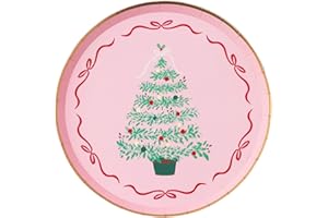 Bonjour Fete Pink Christmas Tree Paper Party Dessert Plates | Disposable Dessert Size | Premium Party Supplies | Christmas, Tree Decorating, Cookie Decorating, & Winter Celebrations | Pack of 8, 8" D