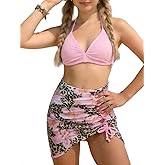 Luckydora Girls 3 Piece Bikini Set Halter Triangle Top Floral Print Mid Waist Bottom Cover Up Skirt Cute Swimwear Blue