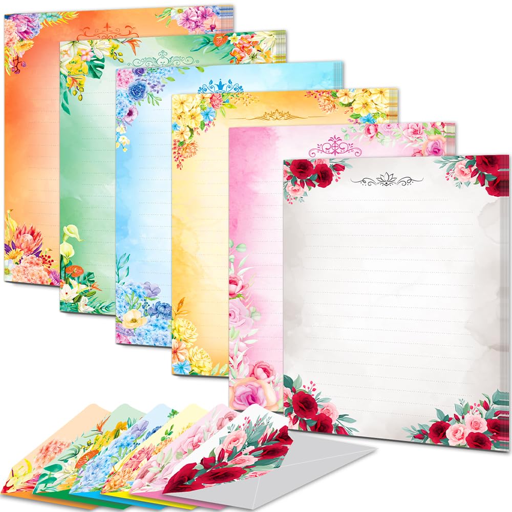 Anzon Mories A4 60 Pieces Cute Stationary Writing Paper and Envelope Set (2 Sides Colored, 1 Side Lined) 30 Sheets, 30 Pcs Envelopes, Kawaii Letter Stationery Floral Decoration