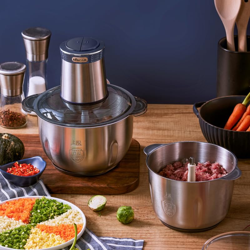 Bear 2 L + 1.8 L Electric Mini Chopper 600 W 2 Speed Levels Chopper with 4 Stainless Steel Blades and Meat Grinder, Glass Container Chopper for Meat, Baby Food, Fruit, Vegetables | Glass & 304 stainless steel bowls, 2 speeds, 4 steel blades, chopping meat, baby food, fruit, vegetables