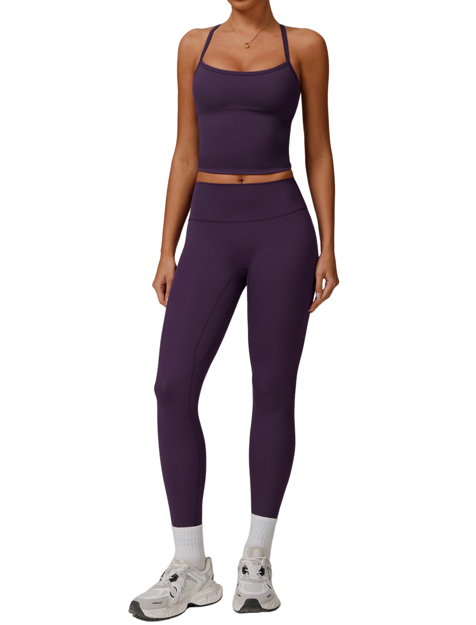 Photo 1 of Womens Workout Sets Two Piece Seamless Stretch Cross Back Tank Top Matching Tummy Control High Waist Leggings Set 2 Piece For Women Gym Yoga Active Wear Outfits Athletic Work Out Clothes Dark Purple S