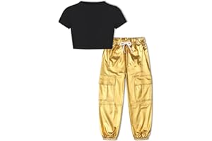 Betusline Girls & Women 2 Piece Outfits, Short Sleeve Crop Top Cargo Pants Trendy Clothing Sets, 4T- Women XL