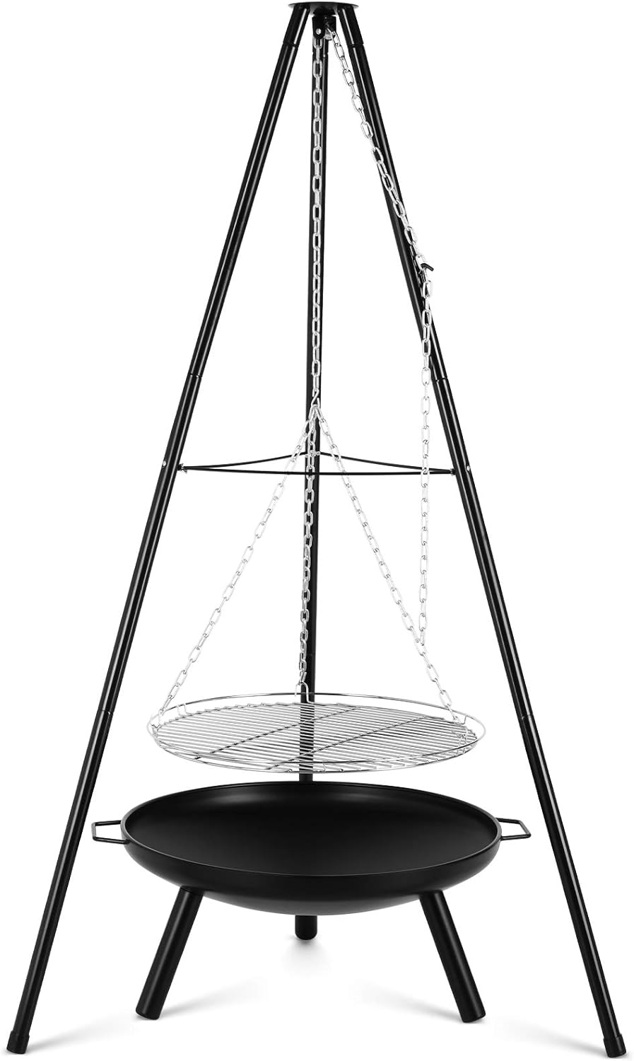 femor Schwenkgrill, Grill mit Feuerschale (Ø60cm), Grillrost (Ø52cm), Dreibein(H:152 cm)& Höhenverstellbarer Kette(200 cm), Dreibein Holzkohlegrill für 8-10 Personen, für Garten Hof Camping