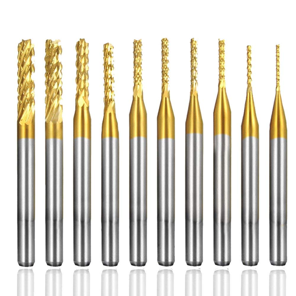 Bestgle 10Pcs 0.8-3.175mm Tungsten Carbide Titanium Coat End Mill Engraving Bits Milling Cutter Tool CNC Rotary Burrs Set, 1/8'' Shank