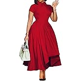Voghtic Women's Collared Short Sleeve Midi Dress: Ruched Waist Asymmetrical Hem Elegant Casual Work Dress
