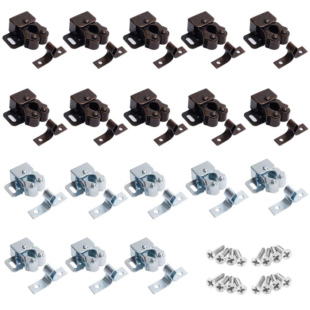 20 Pcs Double Roller Lock for Door,Double Roller Catch/Cabinet Door Snap Lock,Strong Hold Cupboard Latches with Screws,Door Ball Roller Catch for Furniture Cabinet Cupboard (Red Bronze and Silver)