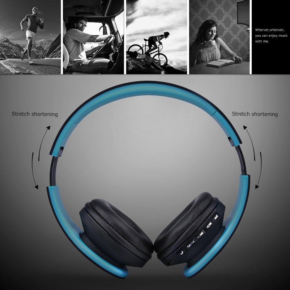 Cuffie Bluetooth LOBKIN Auricolari Stereo con Microfono Bluetooth 4.1 Pieghevole Over-Ear Senza Fili Cuffie con Microfono Ricaricabile Riduzione del Rumore Interno Supporto SD/TF Card (azul-negro)