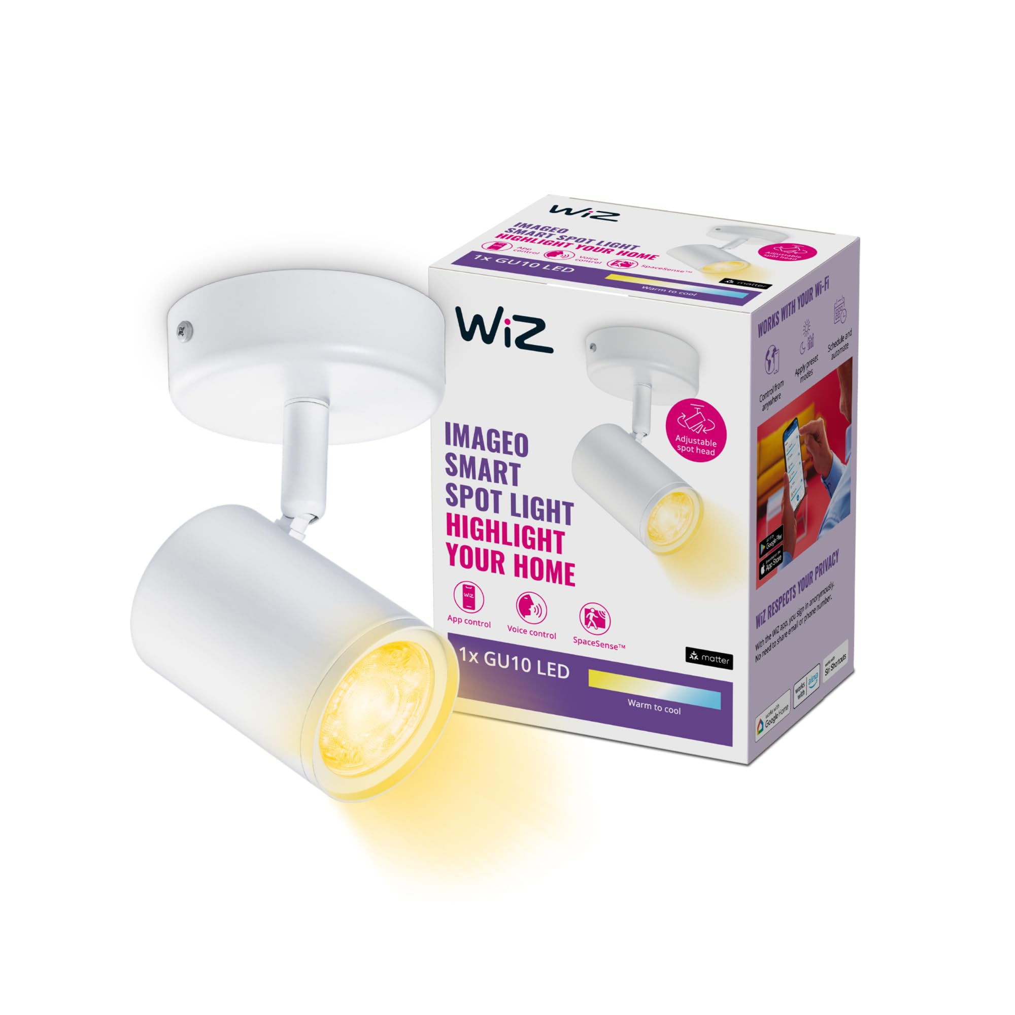 WiZ Tunable White Smart Connected WiFi Imageo Build on Spot Lights [1 Spot - White]. 5W, Warm to Cool White Light, App Control for Home Indoor Lighting, Livingroom, Bedroom.