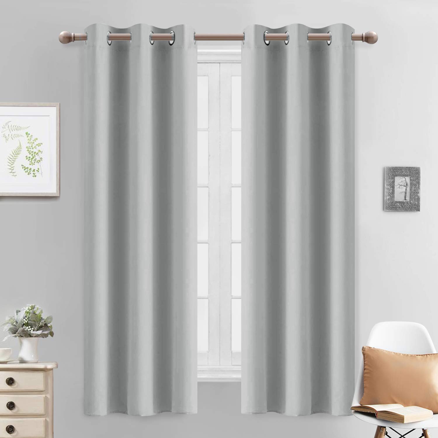 Yakamok Light Blocking Window Blackout Curtains Thermal Insulated Room Darkening Drapes for Bedroom,Solid Grommet Top Window Panels, 38x63 Inch, Light Grey, One Pair