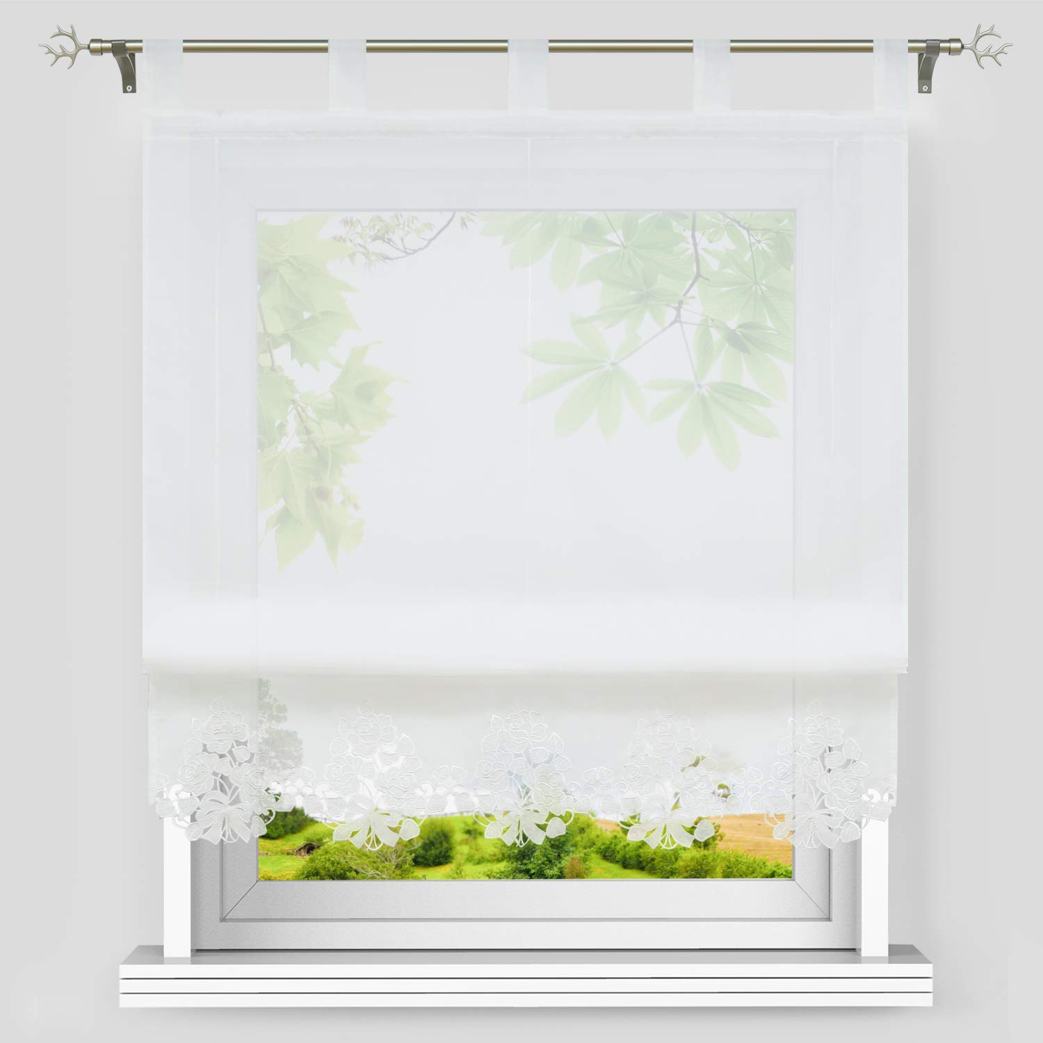 Heichkell Voile White Roman Curtain Embroidered Transparent Roman Blind with Loops Classic Curtain Kitchen Curtain Floral Embroidery Border Width 120 x 155 cm Height 120 x 155 cm