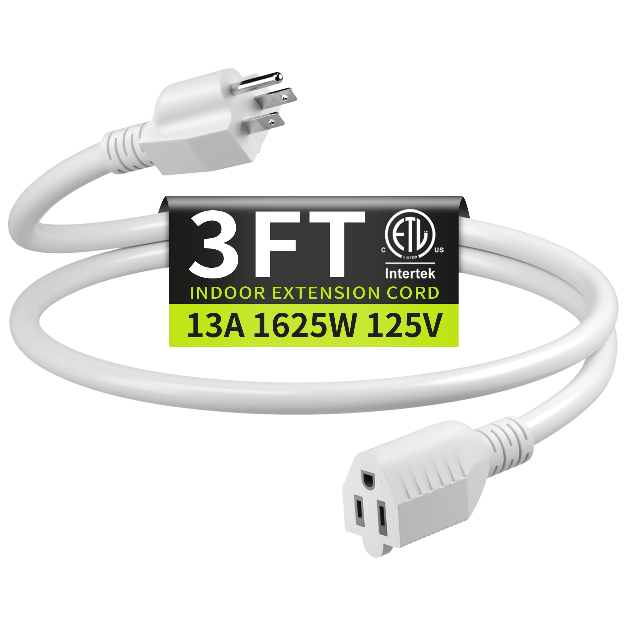 Photo 1 of 16/3 White Extension Cord 3 FT, Indoor Extension Cord for Laptops, Coffee Makers, Office Home Appliances, 3 Prong Resistant Cable Flexible, 13A 125V 1625W ETL Listed