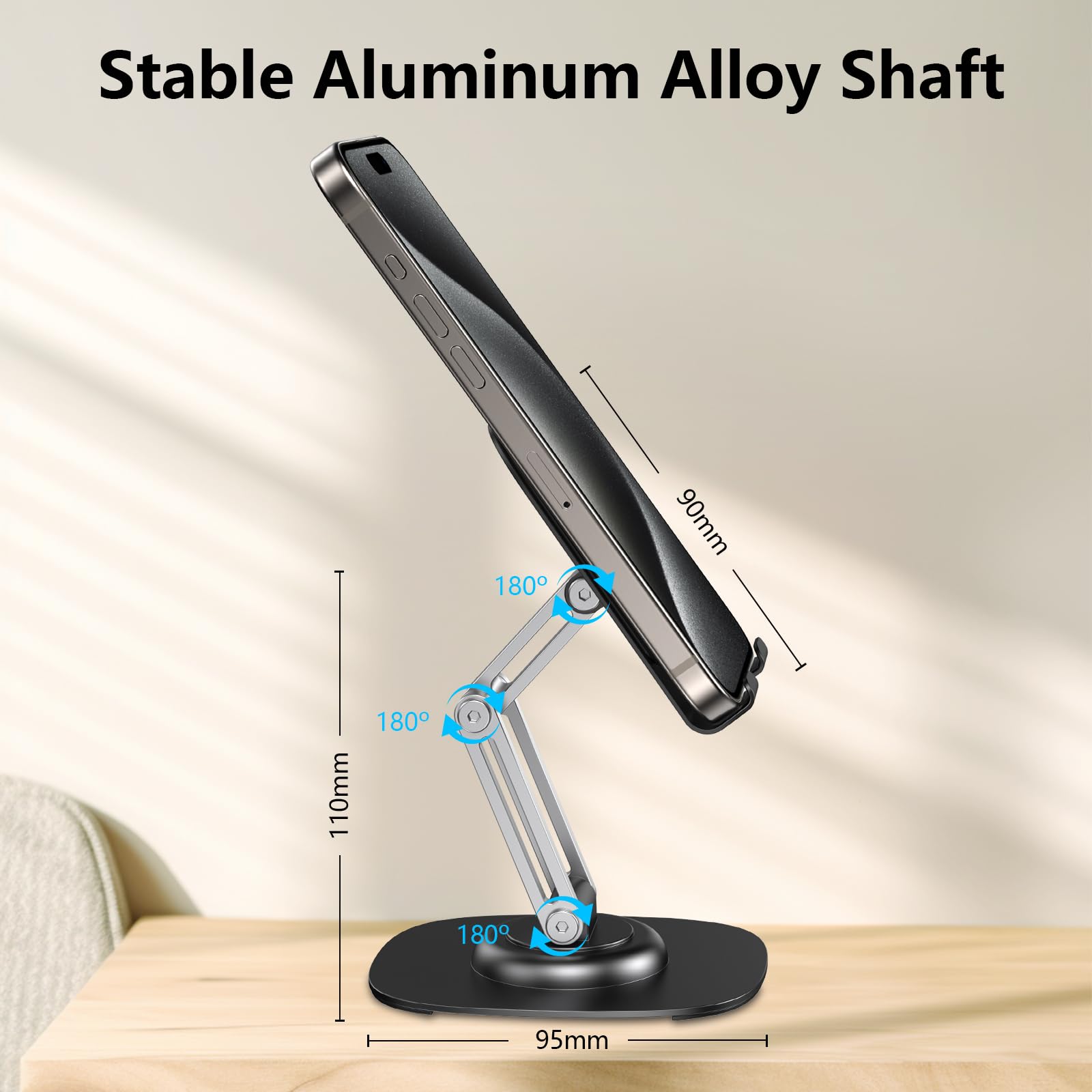 CreaDream Cell Phone Stand for Desk, Aluminum Phone Holder with 360 Rotating Metal Base, Foldable & Portable Desktop Phone Holder Compatible with iPhone 16 15 14 13 Pro Samsung All 4.7-8 inch Phones