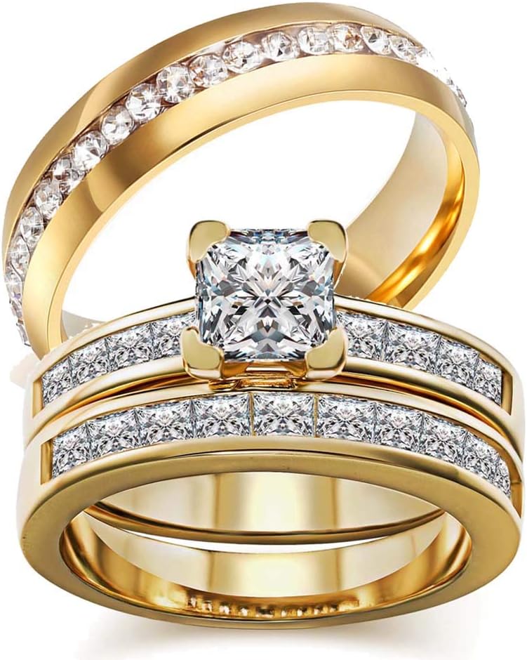 wedding ring set Two Rings His Hers Couples Rings Women's 10k Yellow Gold Filled White CZ Wedding Engagement Ring Bridal Sets & Men's Stainless Steel Wedding Band