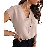 Lynwitkui Women's V Neck Chiffon Blouses Cap Sleeve Shirts Casual Loose Work Office Solid Tops