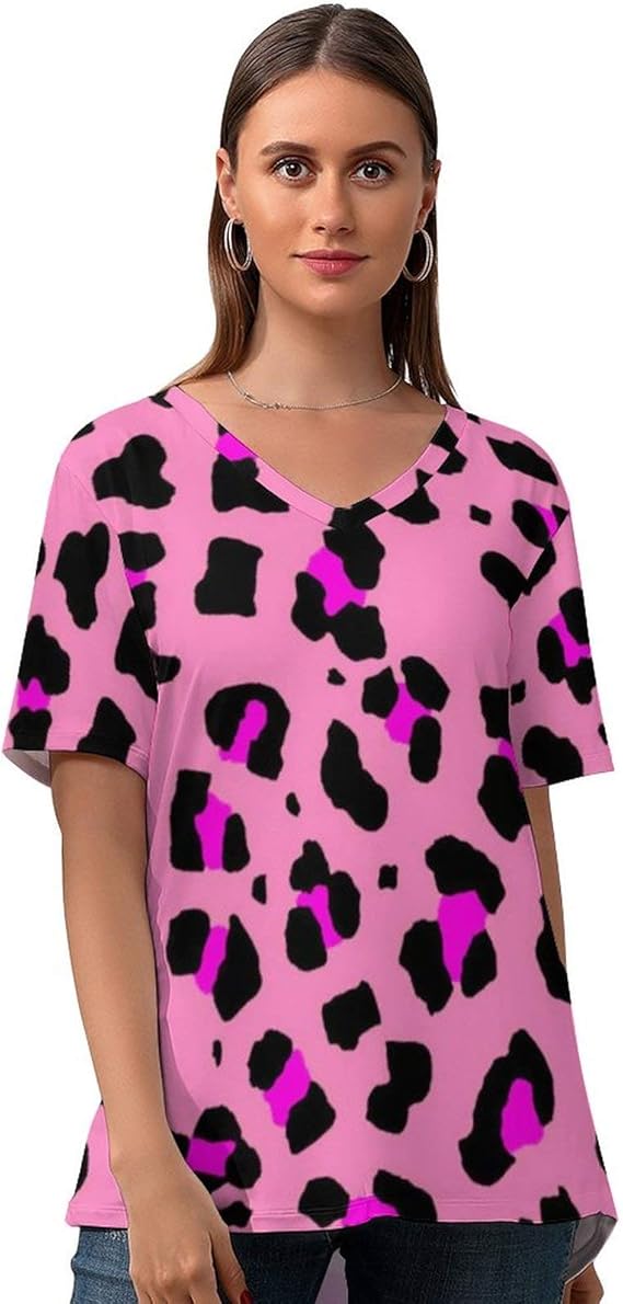 Amazon Tシャツ Vネック レディース ピンクのヒョウ柄 半袖 ティーシャツ 大きいサイズ 夏用 トップス ファッション 無地 カットソー T Shirt ゆったり インナーシャツ おしゃれ 柔らかい 肌着 シンプル 薄手 着痩せ Tシャツ カットソー 通販