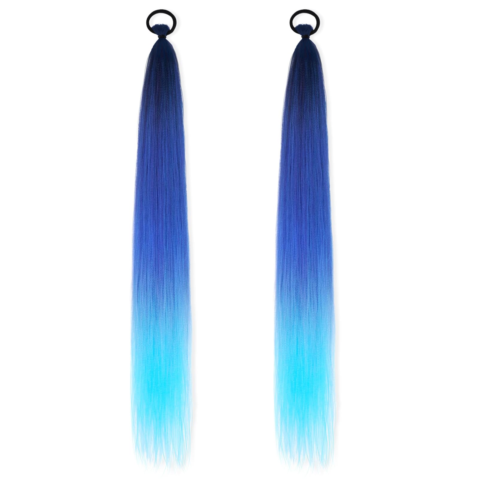 Qianyu 2 Pcs Ponytail Extension with Elastic Tie Straight Hairpieces Synthetic Sleek Wrap Around Braid Ponytail Blue gradient Hair Accessories for Women Kids Girls Cosplay Dress Up