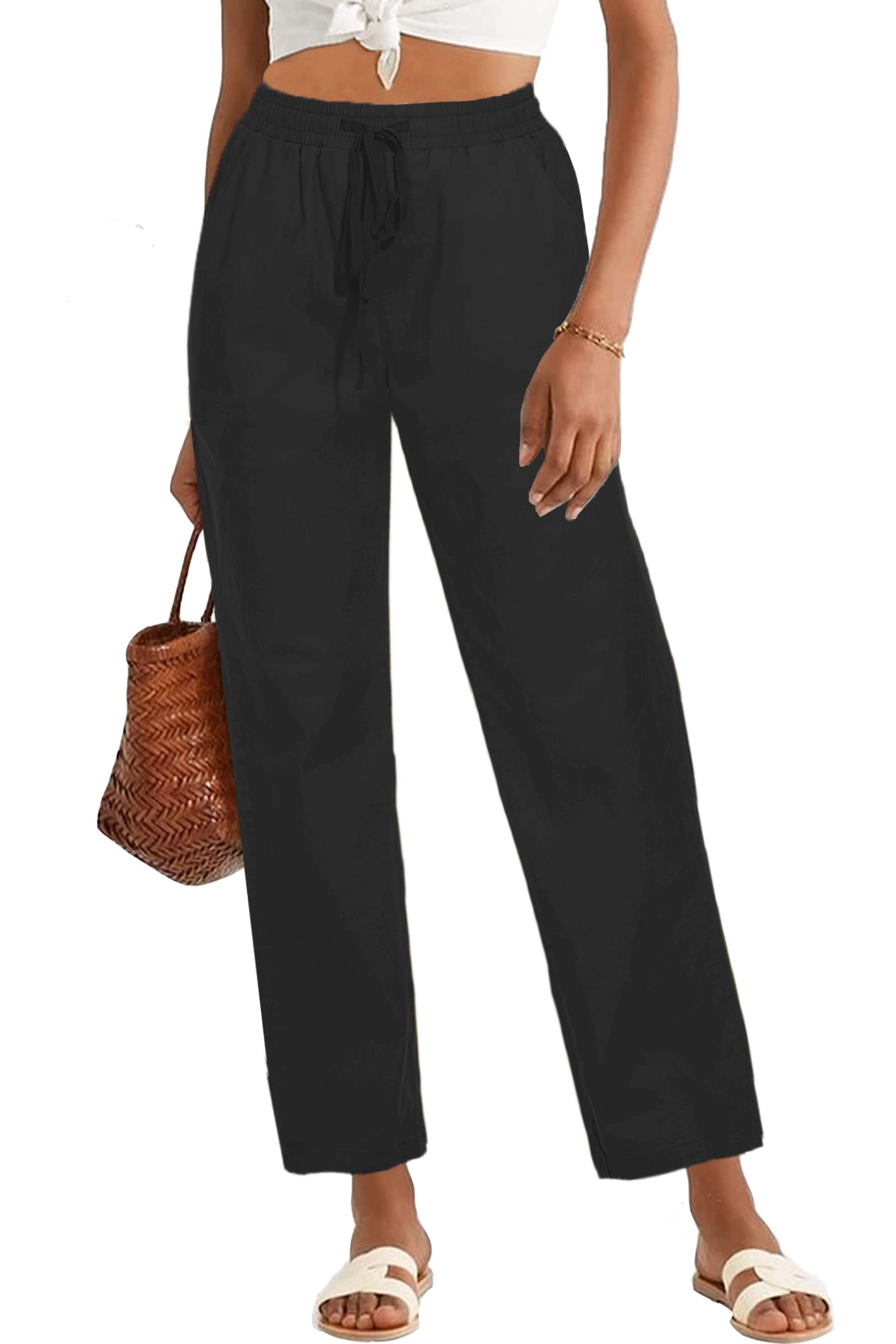 Photo 1 of HVEPUO Womens High Waisted Casual Elastic Waist Drawstring Twill Pants Straight Leg Lightweight Cotton Trousers with Pockets Black XS