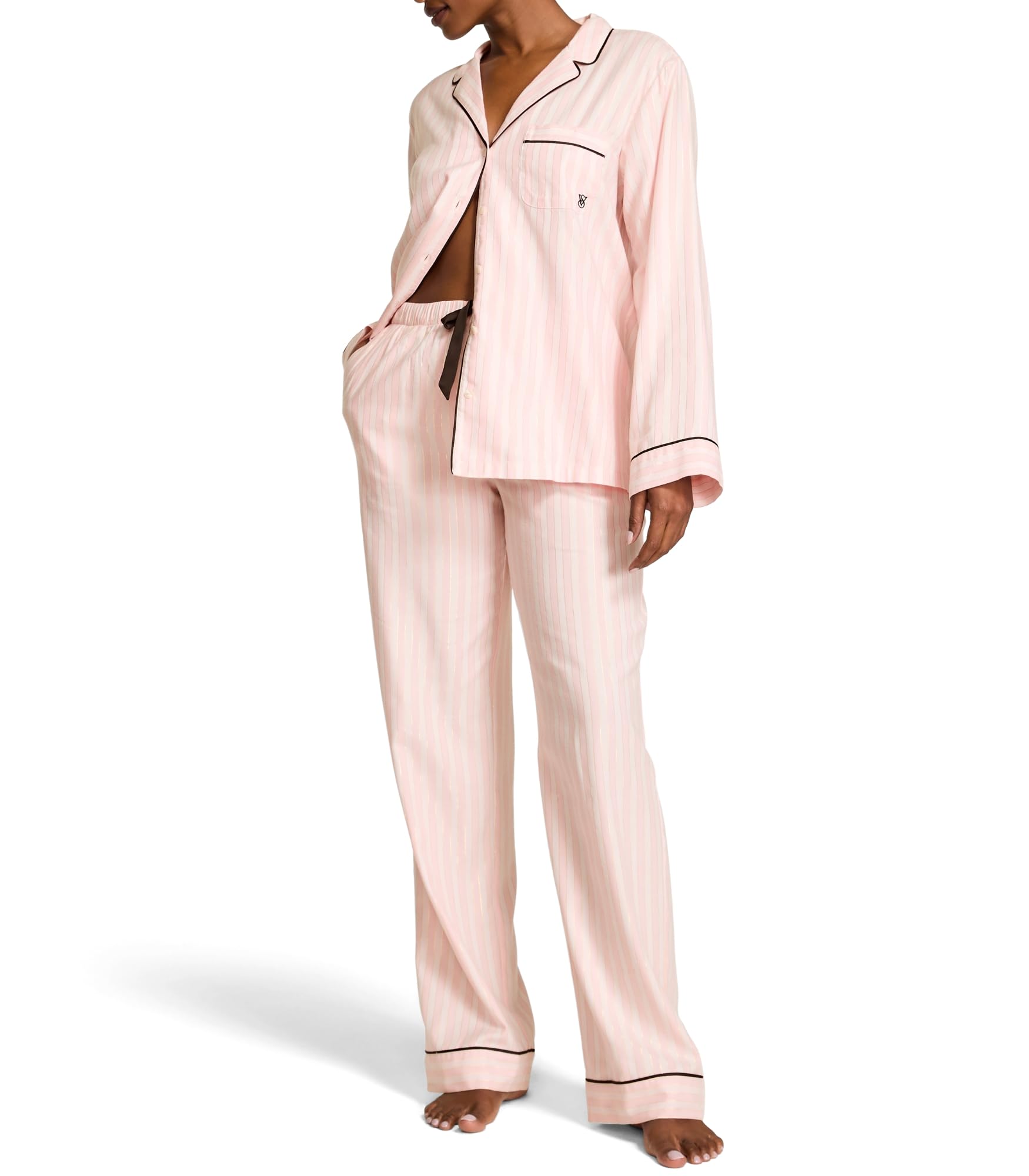 Victoria's Secret Flannel Pajamas, Long Sleeve Button Down & Pant Set, Sleepwear for Women, Pink Iconic Stripe, XXL Image