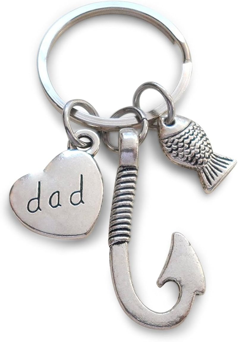 Dad Fish Hook Keychain with Little Fish Charm Hooked on