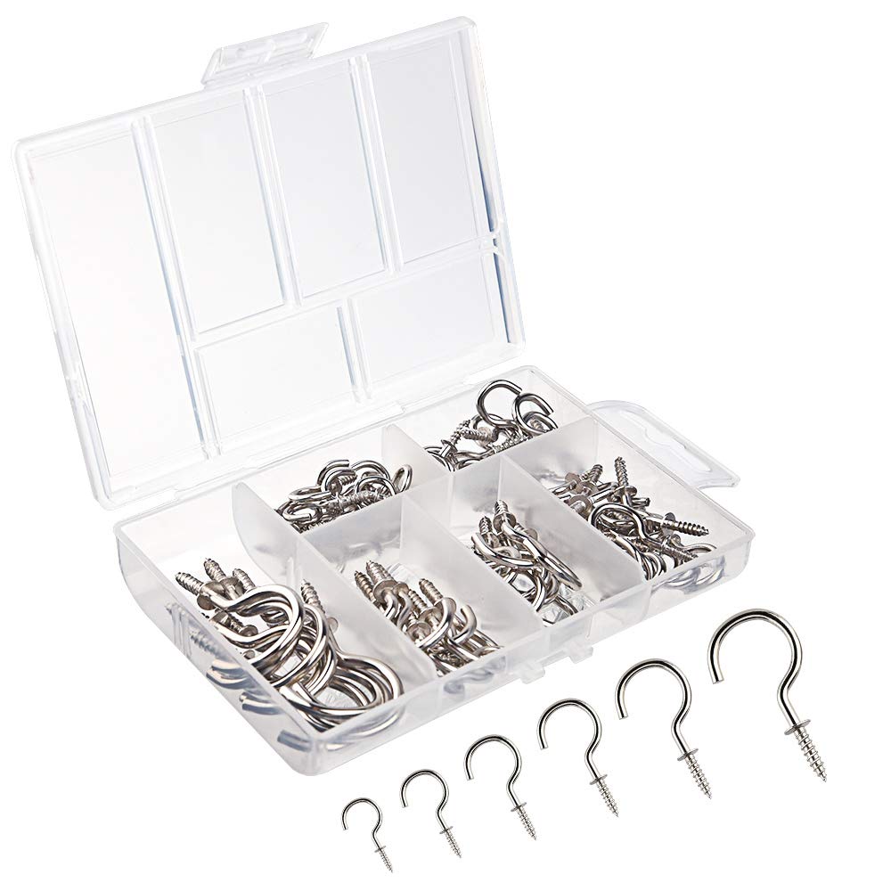FEPITO 75 Pieces Multi-Size Nickel Plated Metal Screw-in Ceiling Hooks Cup Hook