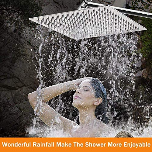 Alta Presión Montaje Fijo de Cabeza de Ducha de lluvia-16 Pulgadas/40cm Gran Cuadrada 304 de Acero Inoxidable Ducha de Spray - 1/2'' Conector, Rotación de 360 Grados-con Boquilla de Silicona- Ultra Fino Ahorro de Agua Regaderas Fijas para Baño Gigante Piso Individual-RabbitStorm