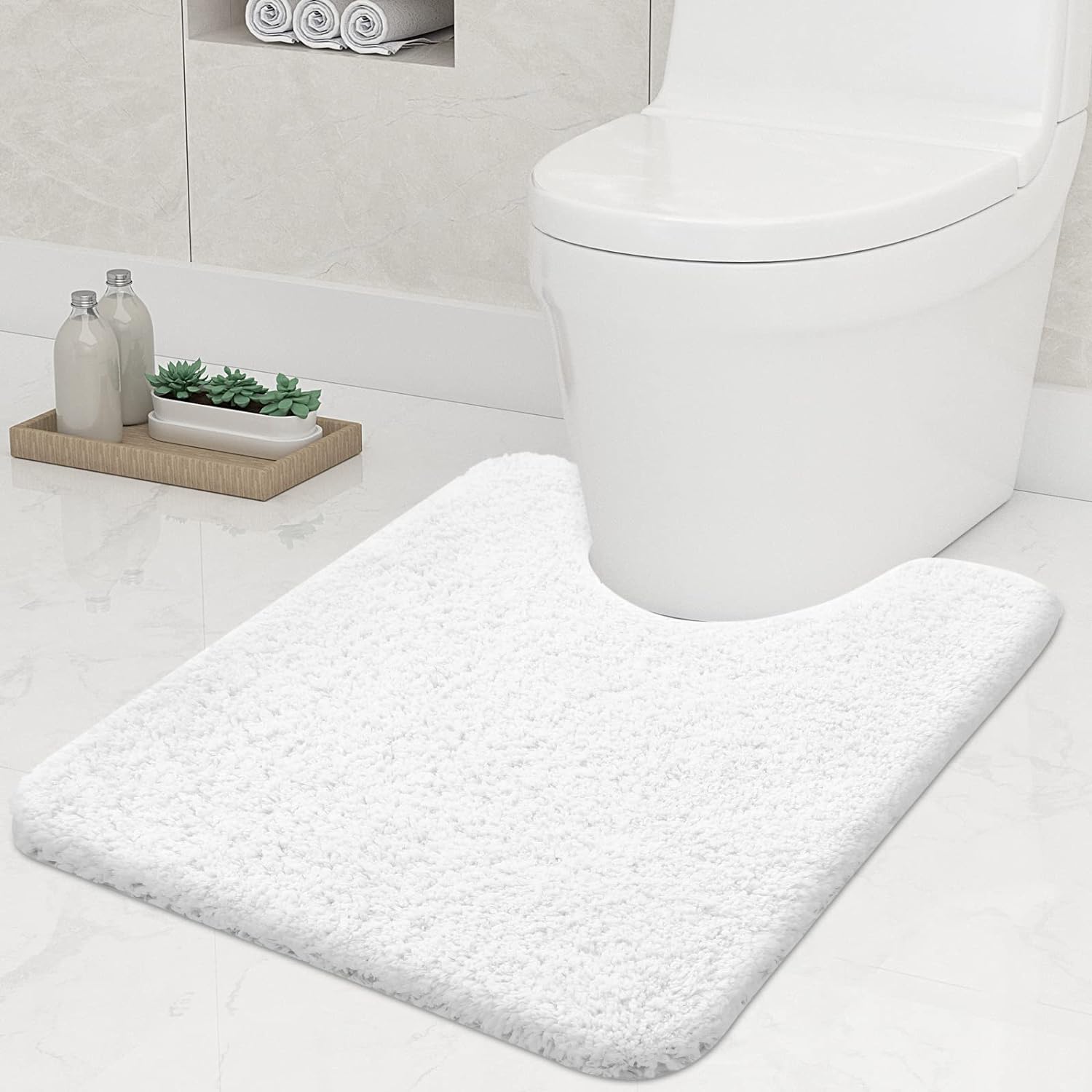 smiry U-Shape Toilet Mat, Extra Soft Pedestal Mat for Toilet, Absorbent Microfiber Toilet Bathroom Mats, 50 x 60 cm, White