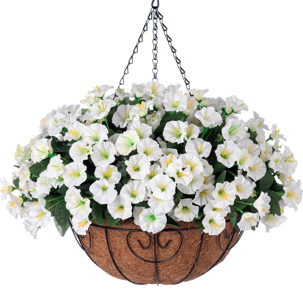 Artificial Fake Hanging Flowers Plants Basket for Outdoor Spring Summer Decoration, Faux Silk Flowers Outside Look Real Morning Glory UV Resistant for Porch Patio Balcony Garden Yard Home White