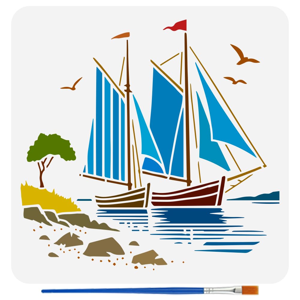 Photo 1 of FINGERINSPIRE Boats Stencils with Paint Brush, 11.8x11.8Inch Sea Surface Pattern, Marine Sailboats, PET Stencils, Trees, Birds, Stones, Oceans Theme Template