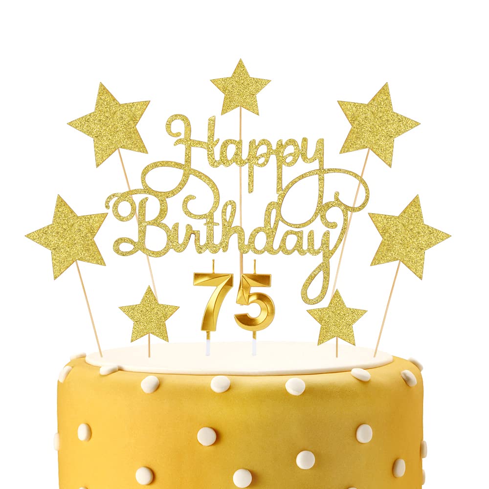 Lifreer Happy Birthday Cake Topper Set, Gold, 10 Pieces, 75th Birthday, Anniversary, Cake Decoration Set