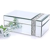 ELLDOO Glass Mirrored Jewelry Box with Crushed Diamonds Strip Decor, Luxury Trinket Box Organizer Decorative box Treasure Chest Keepsake Box for Women Girls Gift