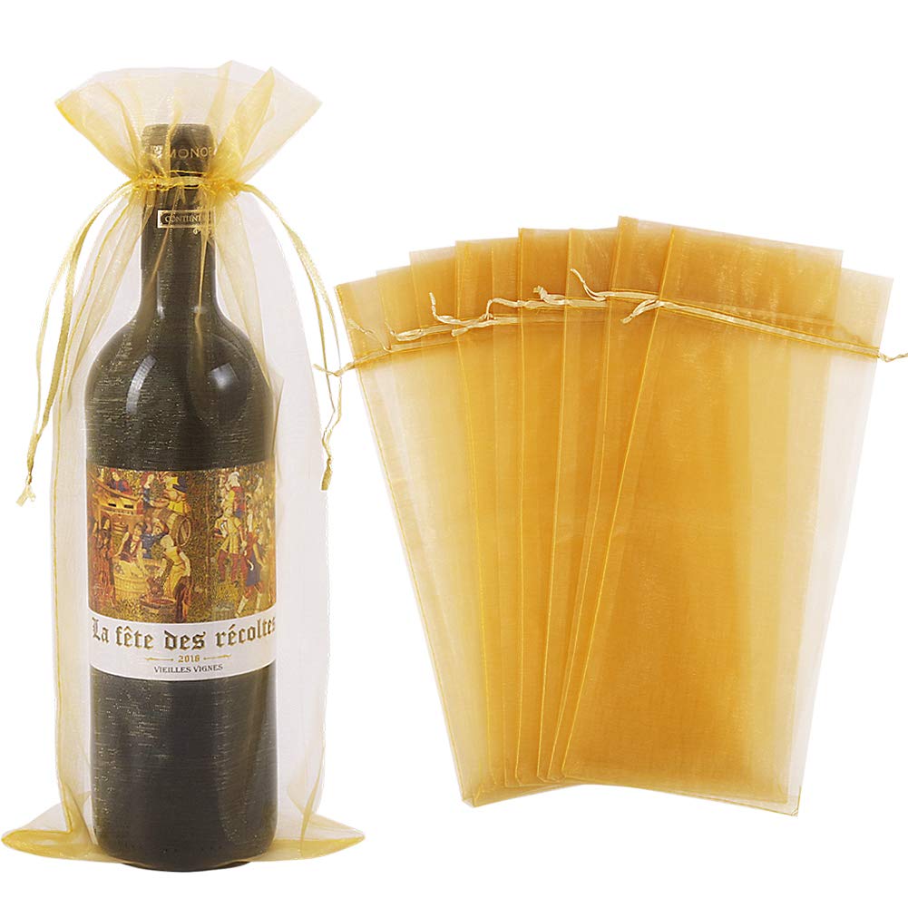 HRX Package 30pcs Gold Organza Wine Bags, Sheer Mesh Bottle Gift Pouches Wine Covers Dresses with Drawstring for Christmas