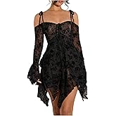 WDIRARA Women's Floral Lace Asymmetrical Short Dress Y2k Cold Shoulder Long Sleeve Sheer Dresses