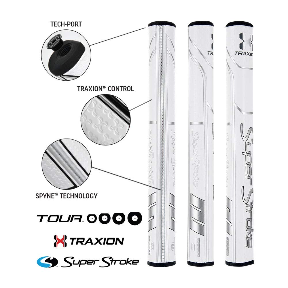 SuperStroke Traxion Tour 2.0 Golf Putter Grip, White/Silver
