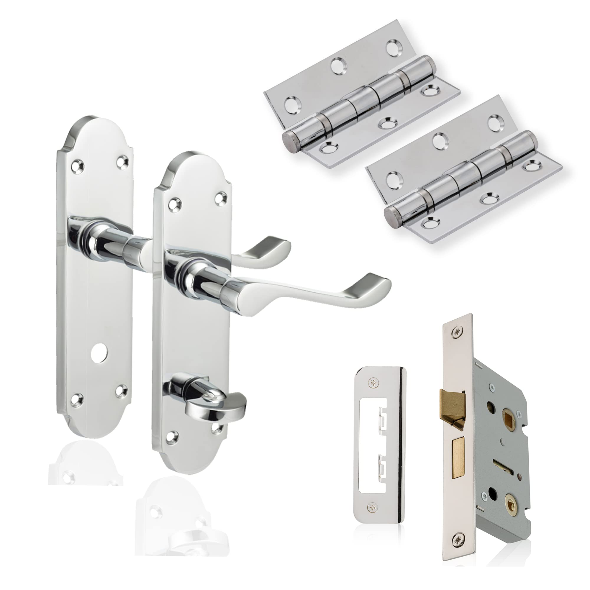 XFORT Chrome Elegance Range Polished Chrome Richmond Bathroom Pack, Complete Set with Bathroom Handles, 65mm Mortice Lock and 75mm Ball Bearing Hinges, for Internal Wooden Doors