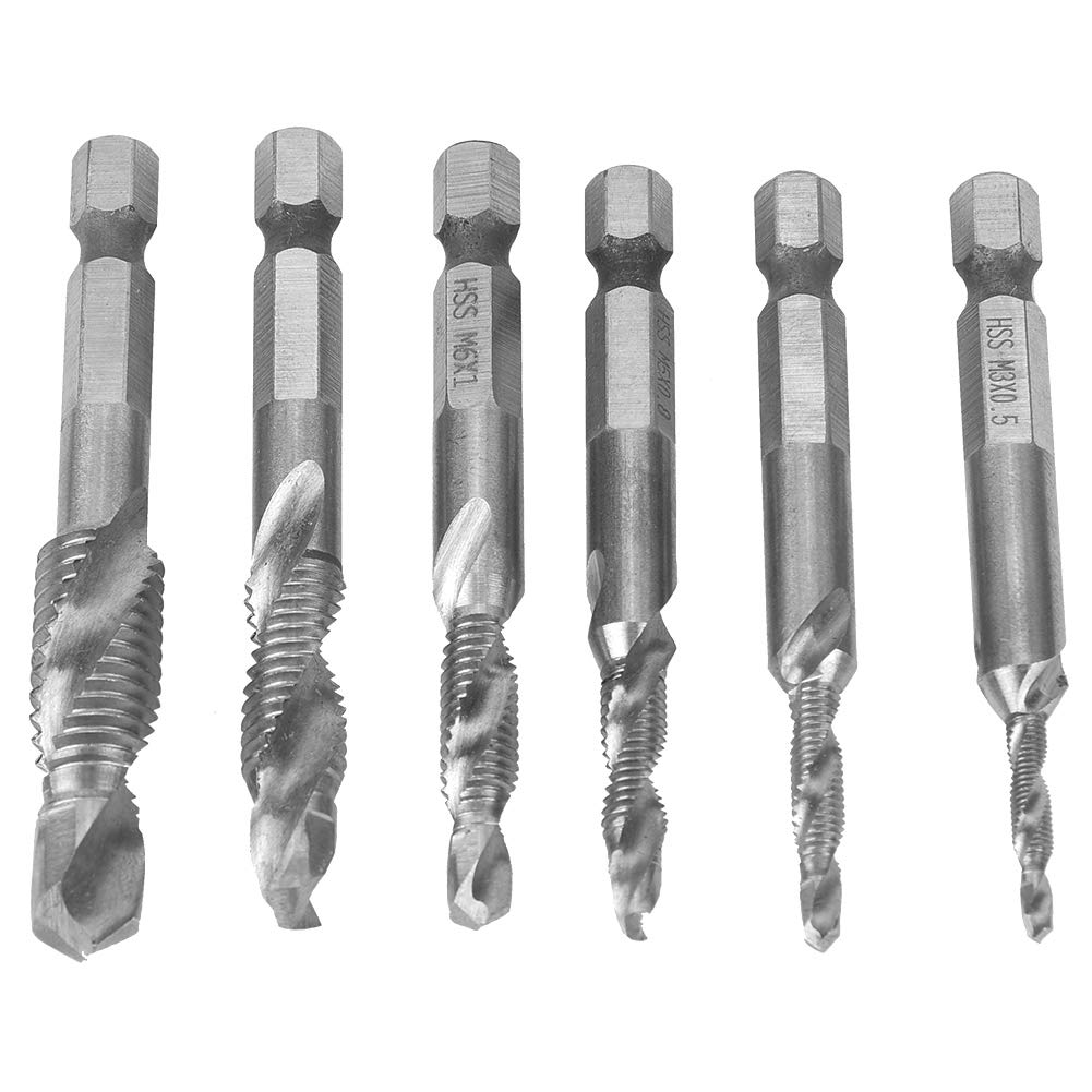 6PCS High Speed Steel Hex Shank Tap Point Drill Bits Set M3 M4 M5 M6 M8 M10, Silver Coated HSS Thread Cutting Drill Bits for Metal Wood Plastic