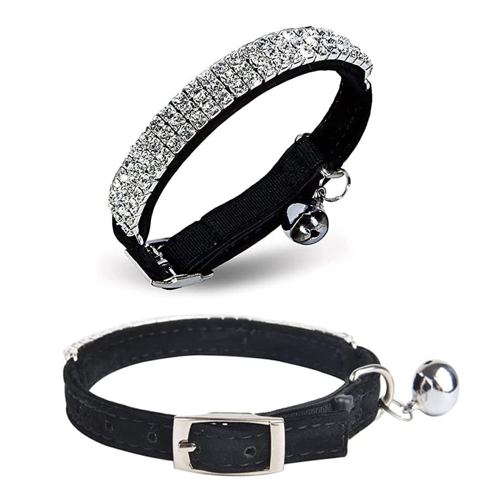 Yitaocity Adjustable Soft Velvet Safe Cat Collar Bling Diamante Pet Collars with Bells for Cats, Small Dogs, Kitty Girls (Black)