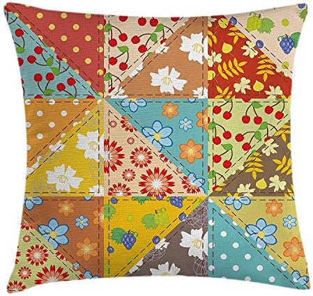 WYICPLO Farmhouse Decor Throw Pillow Cushion Cover, Square Flat Design Print with Crafty Mix Nostalgic Flower and Leaf Patterns, Decorative Square Accent Pillow Case, 18 X 18 inches, Multi