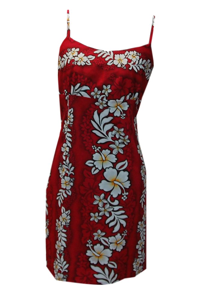 Women Hawaiian Cotton Short Spaghetti Strap Hibiscus Red Dress