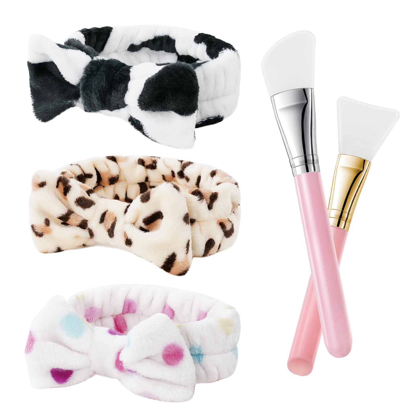 URAQT Spa Headbands for Women, 3 Pack Fluffy Headband for Washing Face, Elastic Bowknot Hair Bands with 2 Pcs Mask Brushes, Coral Fleece Women & Girls' Head Band for Makeup, Shower, Sports