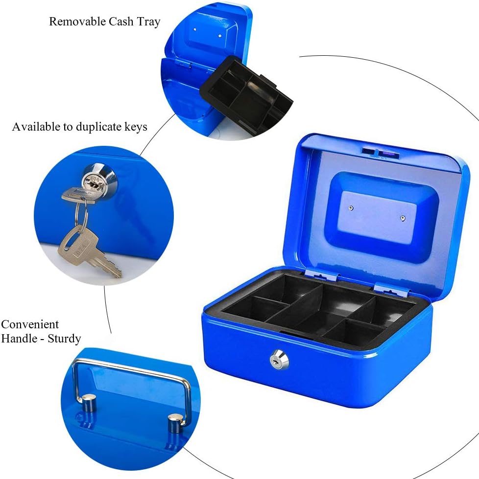 Cash Box with Money Tray, Metal Locking Money Box with Key Lock for Security 7 4/5" x 6 4/5" x 3 3/5", Blue - Image 4