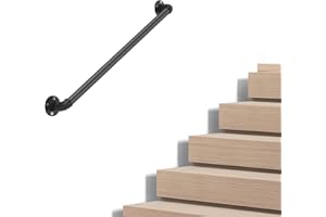 VZNEK Industrial Pipe Stair Handrail, Wall-Mounted Metal Hand Rail for Indoor & Outdoor Steps, Black Galvanized Iron, Vintage Farmhouse Style, Heavy Duty Support for Stairs & Porch (Black, 2ft)