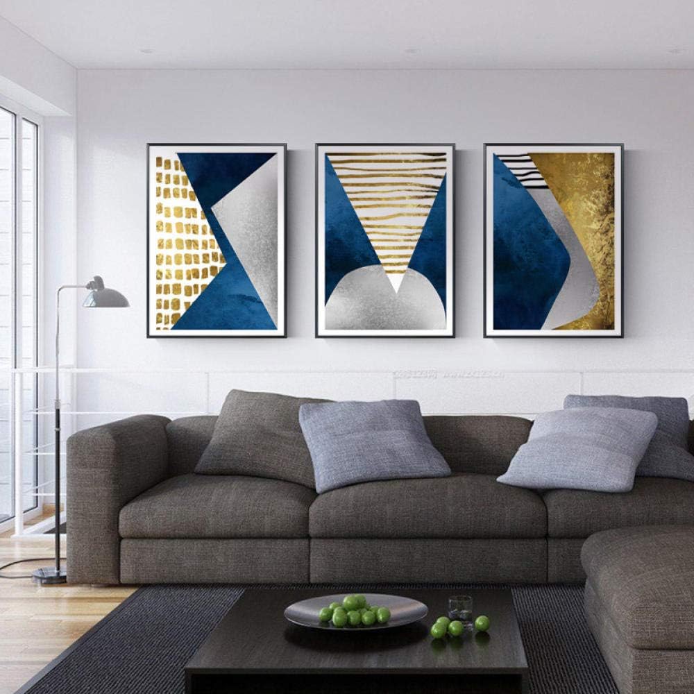 HHLSS Modern Oil Painting Geometry Modular Mountain Canvas Poster Abstract Blue Gold Art Wall Picture Room Cuadros Decoration-35x50cmx3pcs（13.77x19.68in/x3pcs） Framed