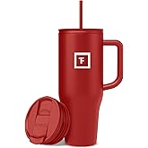 IRON ยฐFLASK Co-Pilot Insulated Mug w/Straw & Flip Cap Lids - Cup Holder Bottle for Hot, Cold Drink - Leak-Proof- Water, Coffee Portable Travel Tumbler - Fire Red, 40 Oz
