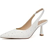 SUIARA Slingback Wedding Heels for Women Bridal Lace Mesh Kitten Heel Closed Pointed Toe Pearl Pumps Shoes