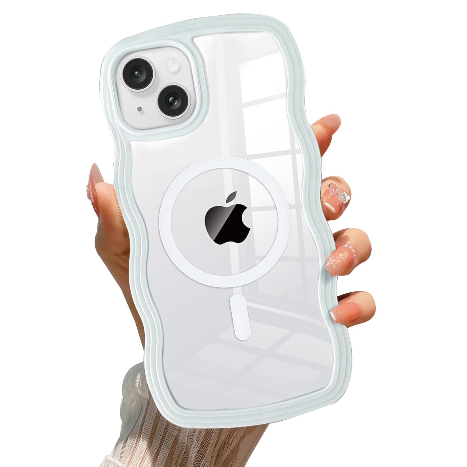 QLTYPRI Magnetic for iPhone 13 Case/iPhone 14 Case Compatible with Magsafe, Cute Curly Wave Frame Clear Case for Girls Women, Transparent Bumper Shockproof Phone Case Cover-Light Blue — image 1
