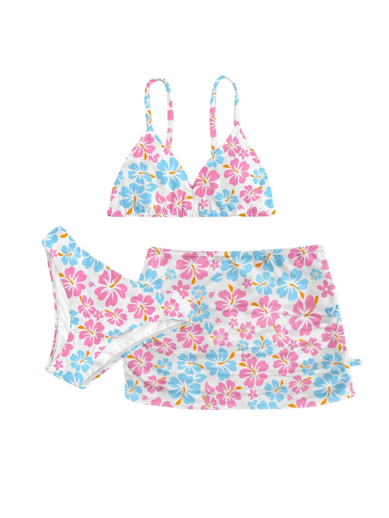 Photo 1 of COZYEASE Girls' 3 Piece Set Floral Print Bikini Swimsuit with Drawstring Beach Skirt Cute Ruched Bathing Suit Pink and Blue 9 Years