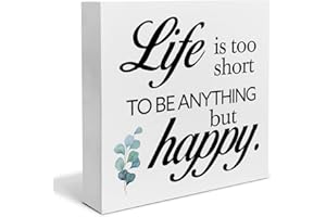 HEIJIE Life Sayings Wood Box Sign Desk Decor Life is Too Short to be Anything But Happy Wood Block Sign Decor for Home Office Living Room Shelf Wall