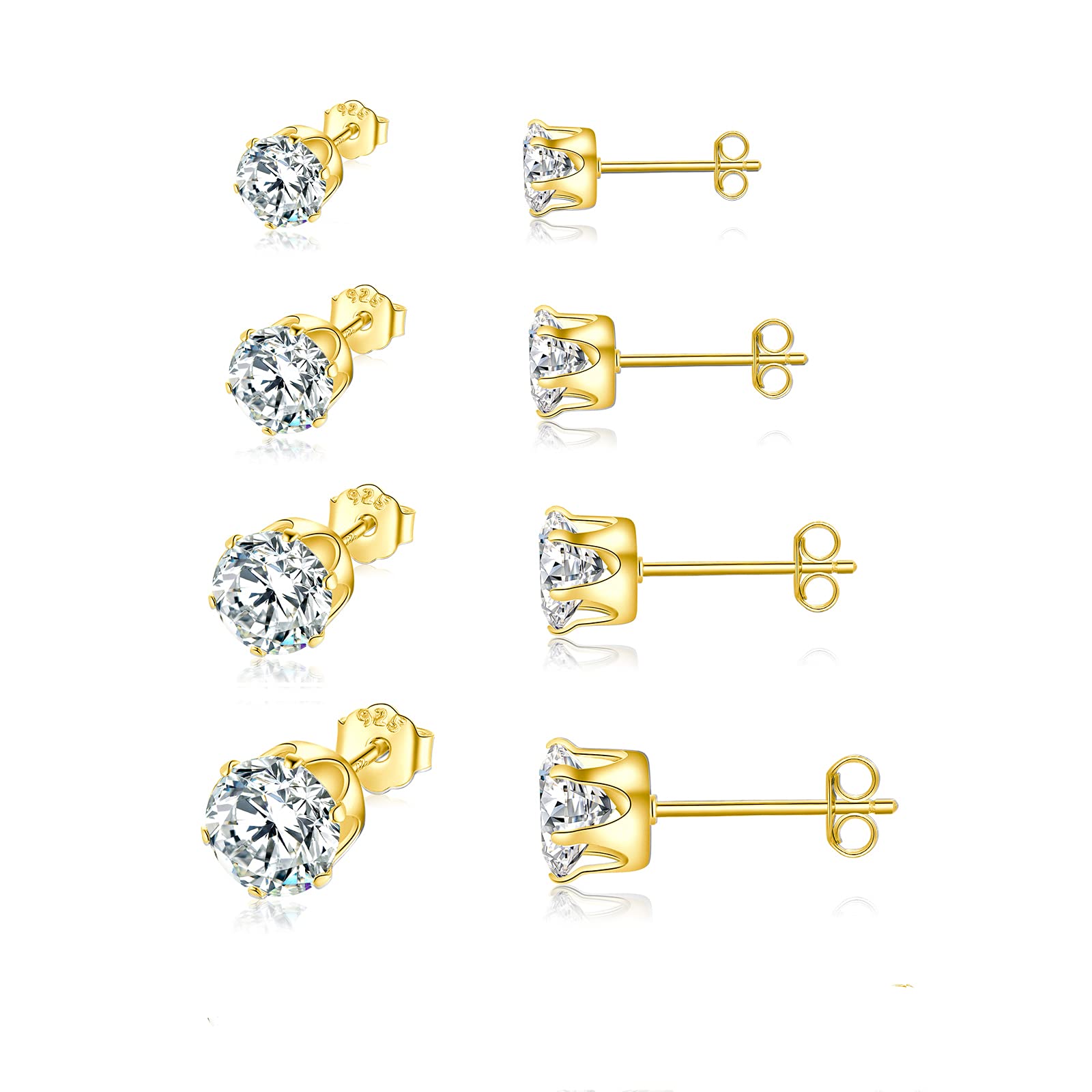 Shuxin Silver Stud Earrings for Women, 925 Sterling Silver Gold Cubic Zirconia Stud Earrings Set, Tiny Small Sleeper Cartilage Studs, Sterling Silver Stud Earrings for Women Men, 3/4 / 5 / 6mm